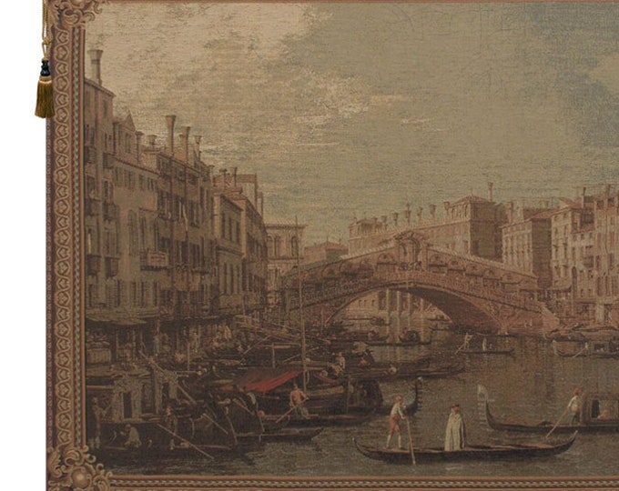 Antique Belgian Rialto Bridge Tapestry - Large European Woven Wall Art for Living Room Decor
