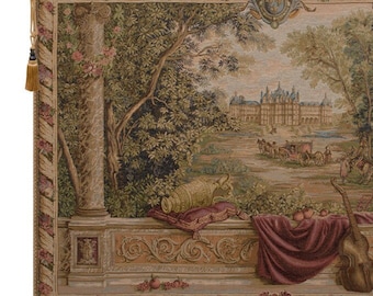 Woven Jacquard Tapestry: Antique European Castle Landscape - Medieval Wall Hanging