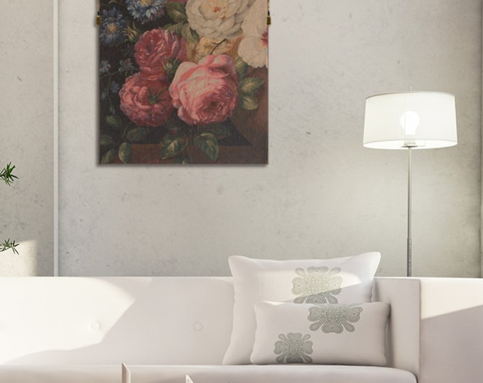 European Floral Wall Tapestry - Colorful Rose Jacquard Hanging - Unique French Woven Decor Art