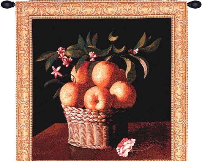 Orange Basket Tapestry: French Medieval Jacquard Woven Wall Art