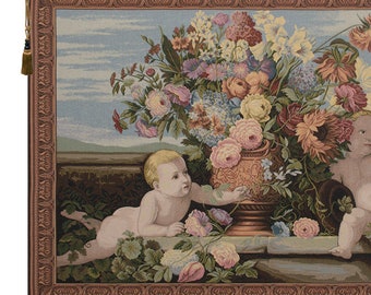 Angels and Flowers European Tapestry - Colorful Floral Bouquet Wall Art - Decorative Italian Woven Hanging