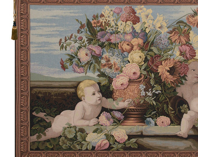 Angels and Flowers European Tapestry - Colorful Floral Bouquet Wall Art - Decorative Italian Woven Hanging