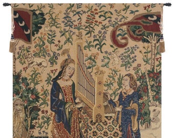 Lady & the Organ Beige Wall Tapestry Hangings - Hearing Scene Lady and Unicorn Art - Gobelin Wall Tapestry Woven For Home