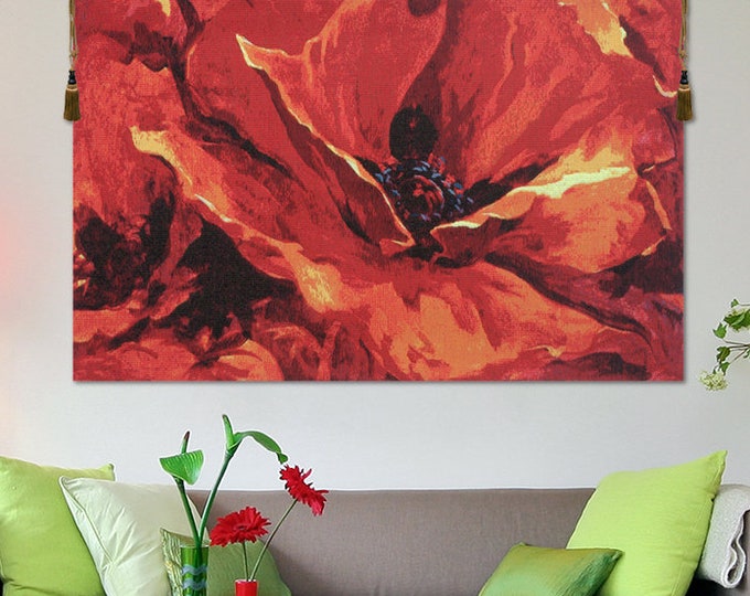 Elegant Red Floral Wall Tapestry: Belgian Woven 'These Dreams' Botanical Art for Home Decor