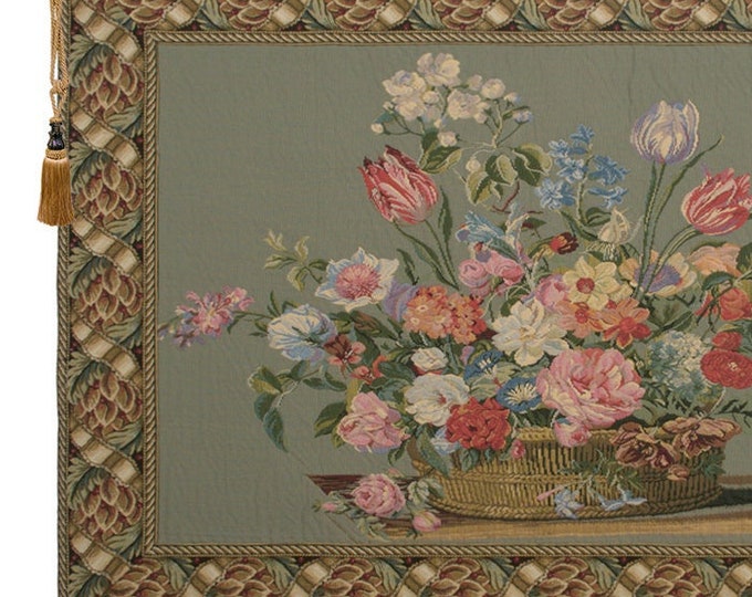 Floral European Jacquard Woven Wall Tapestry - Green Flower Basket Still Life Italian Decorative Art