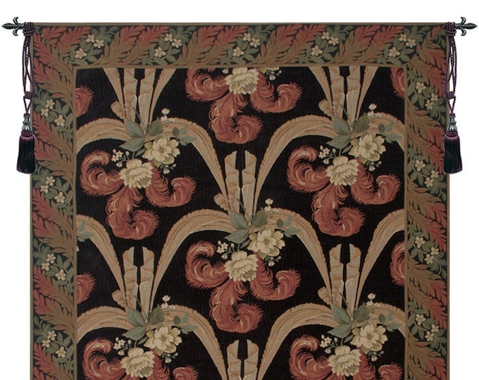Floral Scroll Belgian Wall Tapestry: Elegant Black Background, 80x52 inch