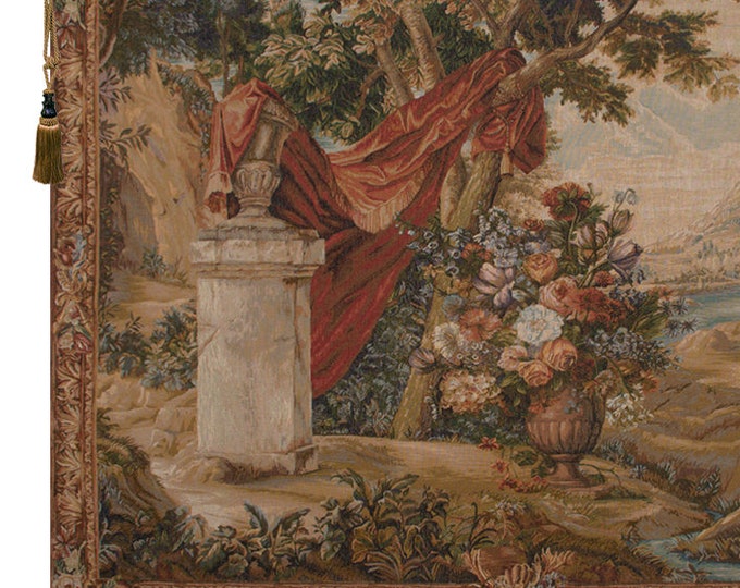 Vintage French Bouquet Landscape Tapestry - Woven European Wall Art Hanging with Flowers and Trees
