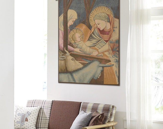 Giotto's Nativity Scene: Italian Medieval Religious Wall Tapestry - Woven Jacquard Christian Art Decor