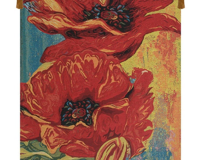 Red Poppy Tapestry by Simon Bull - Belgian Woven Floral Wall Hanging Art for Modern Home Decor