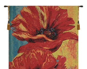 Two Poppys European Wall Tapestry - Red Flower Wall Hanging - Decorative Wall Décor Art - Simon Bull Art - Floral Woven Jacquard Wall Art