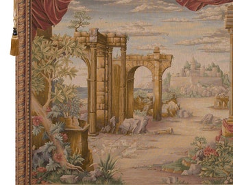 Vintage French Castle Landscape Jacquard Woven Wall Tapestry - Large 60x80 inch Medieval Art Hanging