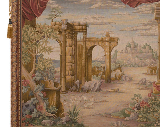 Vintage French Castle Landscape Jacquard Woven Wall Tapestry - Large 60x80 inch Medieval Art Hanging