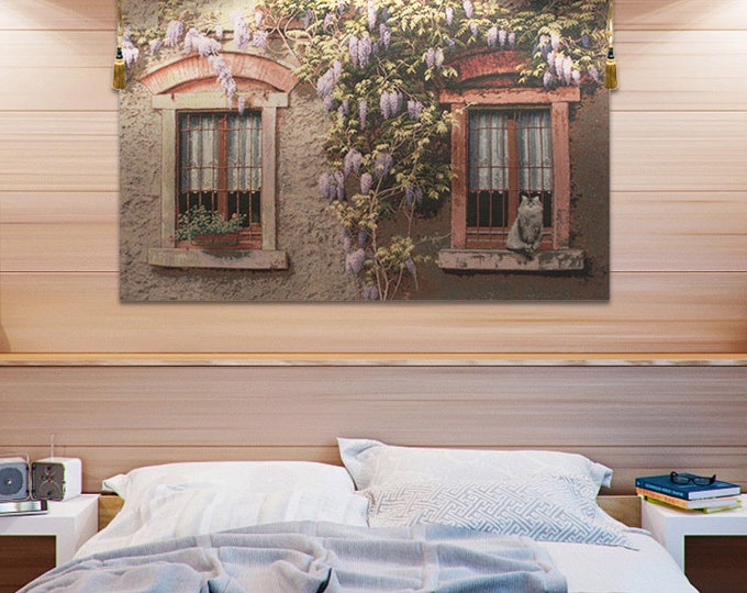 Wisteria Window Wall Tapestry: European-Inspired Woven Art for Living Room Decor, Colorful Floral Gift