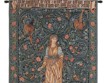 Flora I European Wall Tapestry - Floral Background Woven Wall Decor Art - Jacquard Unique Wall Hanging - Young Lady Belgian Wall Tapestry