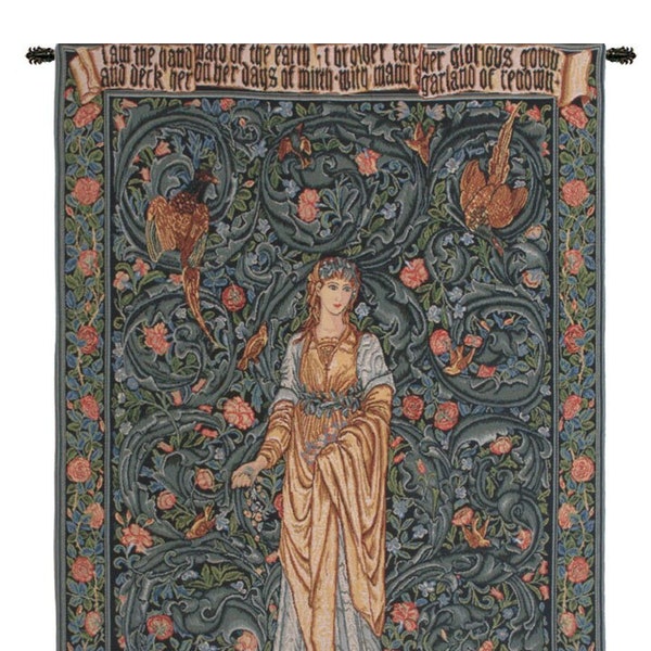 Flora I European Wall Tapestry - Floral Background Woven Wall Decor Art - Jacquard Unique Wall Hanging - Young Lady Belgian Wall Tapestry