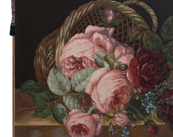 Silk Roses Basket Tapestry: French Floral Wall Art (28x38 inch)