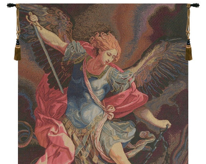 St. Michele Arcangelo European Woven Tapestry - Young Lady Religious Wall Hanging - Italian Decorative Art