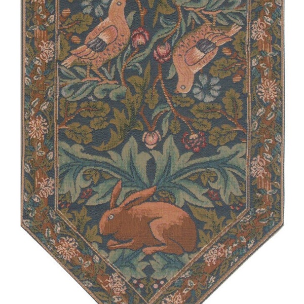 William Morris Art - Brother Rabbit - Small Table Runner | Jacquard Woven Tapestry Table Runner 14x35 Birds, Rabbits, and Vines