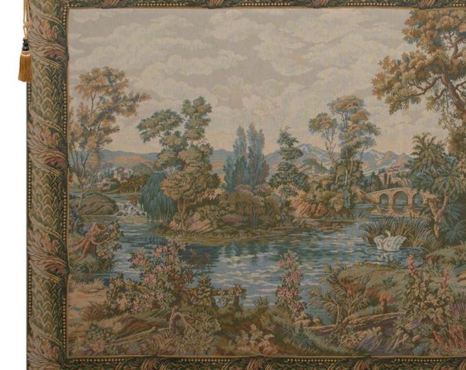 Elegant Swan Lake Jacquard Woven Wall Tapestry - Italian Bedroom Decor, Bordered Art Hanging, Gift