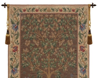 Tree of Life Brown I European Wall Tapestry - William Morris Wall Art - Decorative Woven Wall Hanging - Millefleurs Background Wall Tapestry