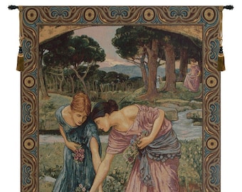 Gathering Rose Buds European Wall Tapestry - John Willian Wall Art - Woven Italian Wall Tapestry - Young Ladies and Floral Wall Hanging