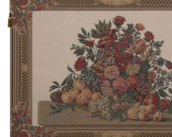Belgian Jacquard Floral Vase Tapestry: Woven Still Life Wall Art Decor