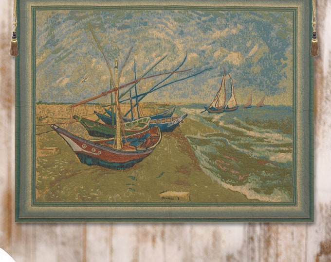Van Gogh Fishing Boats Tapestry: Woven Jacquard Wall Art for Home Decor (31x38 inches)