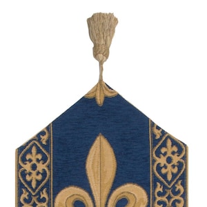 TAPEÇARIA BELGA FEITA À MÃO, TOTALMENTE FORRADA, COM FLOR DE LISA, CORREDOR DE MESA AZUL ROYAL COM BORLAS DOURADAS ELEGANTES, 30,5 x 96,7 cm