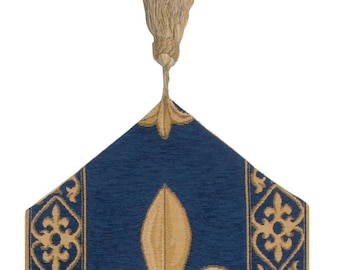BELGIAN WOVEN Hand Finished Fully Lined Fleur de Lys TAPESTRY Royal Blue Table Runner with Gold Elegant Tassels, 12x38 inch