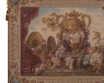 Vase and Raisins Tapestry Wall Art: French Woven Floral Wall Hanging
