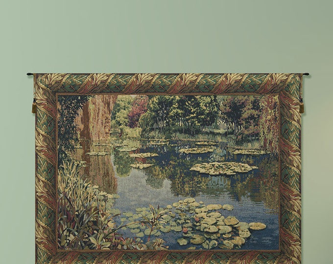Monet's Lily Pond Tapestry: Lake Giverny Woven Wall Art, Belgian Countryside Decor