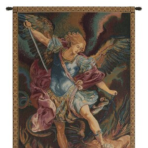 聖ミカエルのヨーロッパ風壁掛けタペストリー - 宗教的な壁装飾アート - イタリア製織り壁掛けタペストリー - 聖ジャカード織り壁掛け