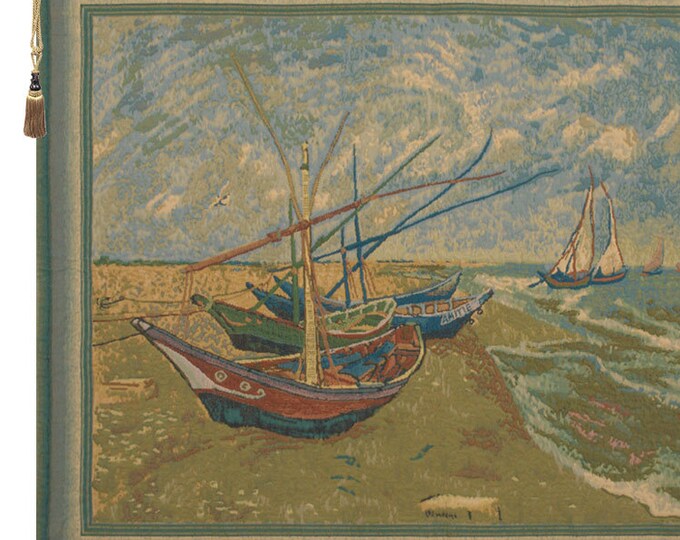 Van Gogh Fishing Boats Tapestry: Woven Jacquard Wall Art for Home Decor (31x38 inches)