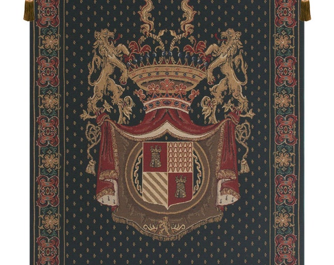 Medieval Heraldic Crest Tapestry Wallhanging : Belgian Woven Black Wall Art