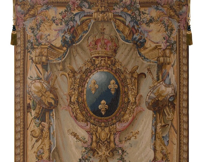 French Medieval Tapestry Wall Hanging Grandes Armoiries Creme Fleur de Lys Woven Art