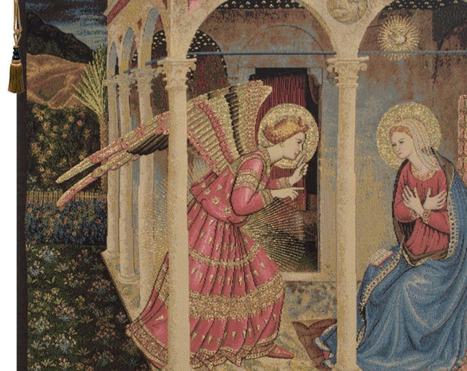 Italian Jacquard Annunciation Tapestry: Religious Medieval Wall Art Decor, Woven Hanging