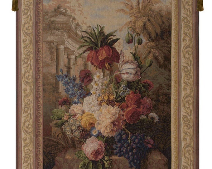 Floral Bouquet Tapestry Wallhanging: Exotic European Woven Art