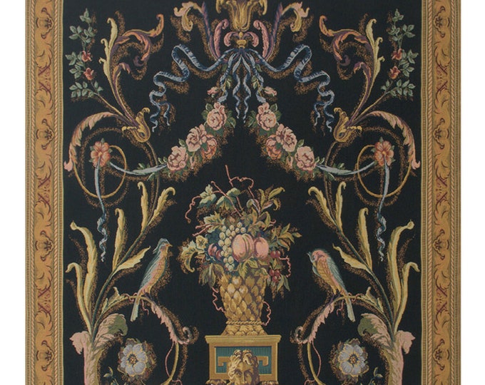 Birds & Floral Belgian Jacquard Tapestry: Black Woven Wall Art (62x46 inch)