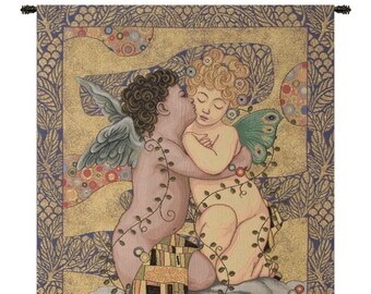 The First Kiss European Wall Tapestry - Children Fine Wall Decor Art - Gustav Klimt Decorative Wall Hanging - Jacquard Woven Wall Tapestry
