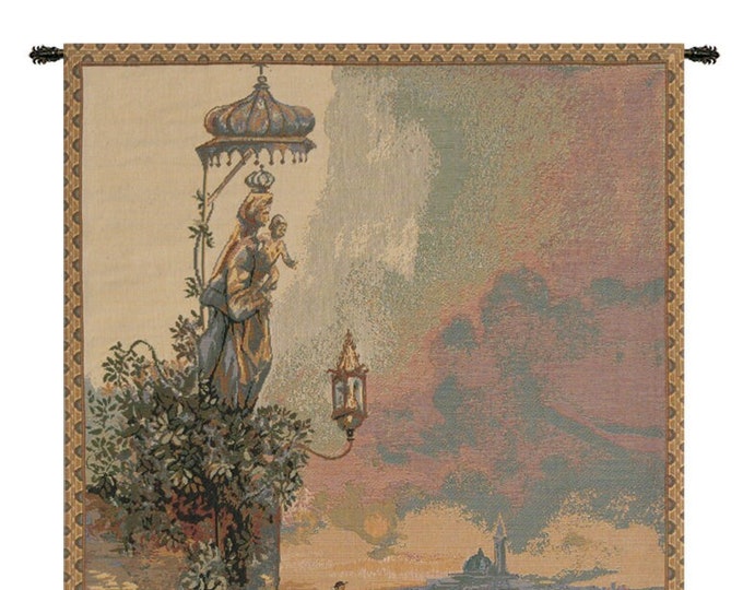 Italian Gondola Wall Tapestry: Venice Scene, Lady and Child, Woven Art (26x19 inch)