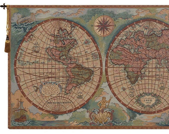 Antique World Map Tapestry: Medieval Italian Jacquard Wall Hanging (16x26 inch)