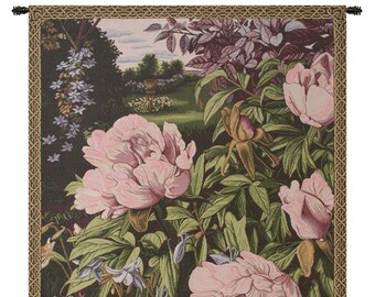 Pink Peonies European Wall Tapestry - Flower Garden Wall Decor Art - Woven Italian Wall Tapestry - Decorative Floral Wall Hanging