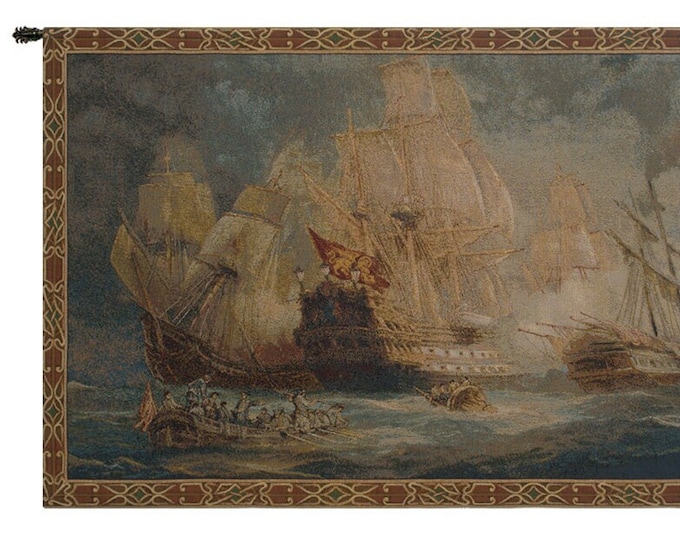 European Naval Battle Tapestry - Medieval Seascape Wall Hanging - Woven Italian Jacquard Art Decor