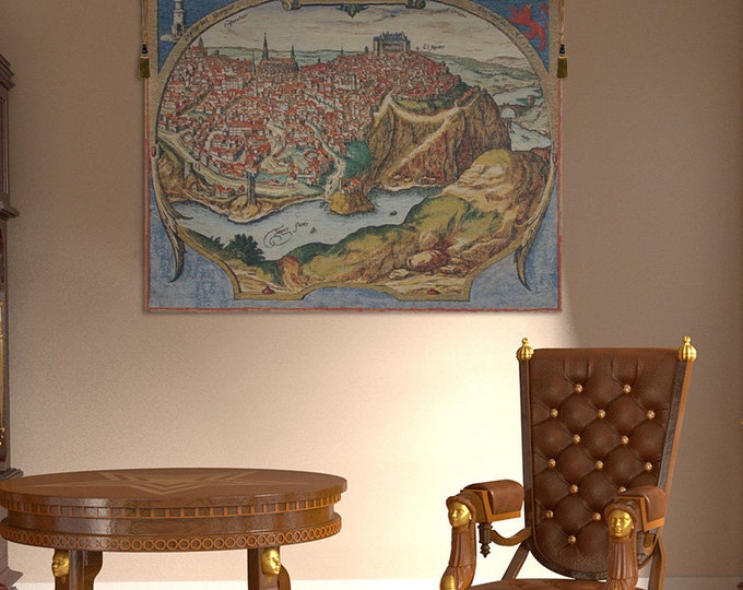Toledo Spain Tapestry: Belgian Woven City Map Wall Hanging