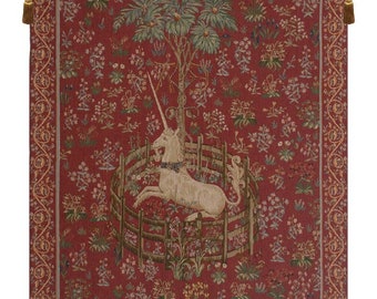 Medieval Unicorn Millefleurs Tapestry - French Woven Wall Hanging - European Red Captive Einhorn Art
