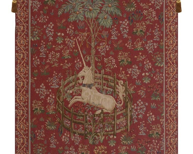 Medieval Unicorn Millefleurs Tapestry - French Woven Wall Hanging - European Red Captive Einhorn Art