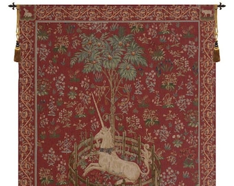 Licorne Captive Rouge European Wall Tapestry - Millefleurs Background Wall Hanging - Woven French Wall Tapestry - Unicorn Medieval Wall Art