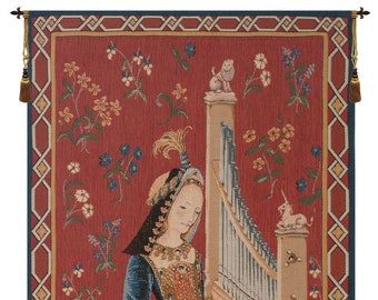 Dame A La Licorne I  European Wall Tapestry - Millefleurs Background Wall Hanging - Woven Wall Tapestry - Lady Art Jacquard Wall Hanging