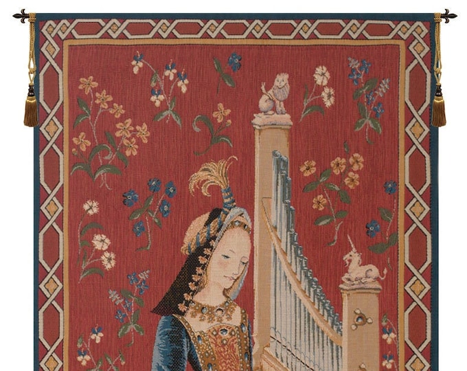 Dame A La Licorne Tapestry: French Woven Millefleurs Wall Hanging