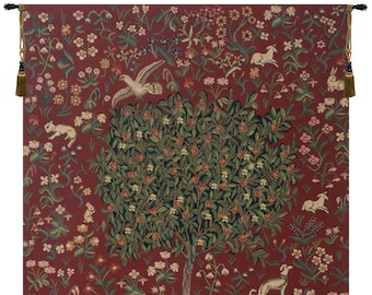 The Cluny Tree European Wall Tapestry - Woven Jacquard Wall Décor Art - Decorative Wall Hanging - Red Millefleurs Background Modern Wall Art
